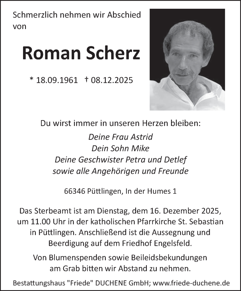  Traueranzeige für Roman Scherz vom 13.12.2025 aus saarbruecker_zeitung