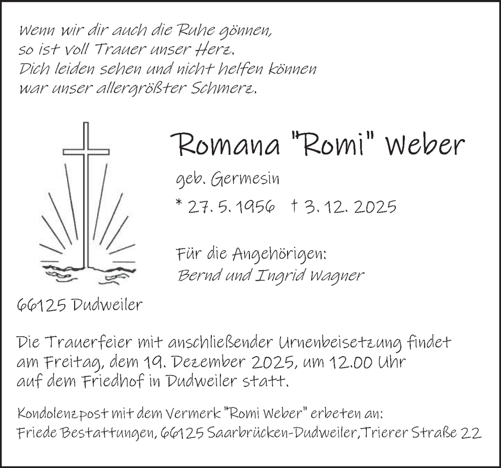  Traueranzeige für Romana Weber vom 13.12.2025 aus saarbruecker_zeitung