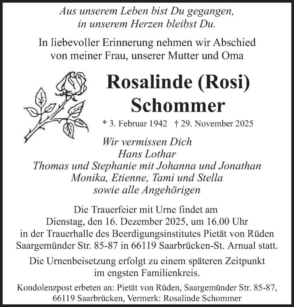 Traueranzeige für Rosalinde Schommer vom 06.12.2025 aus saarbruecker_zeitung