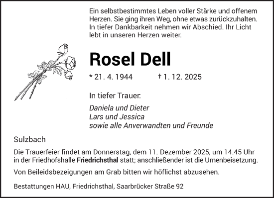 Traueranzeige von Rosel Dell von saarbruecker_zeitung