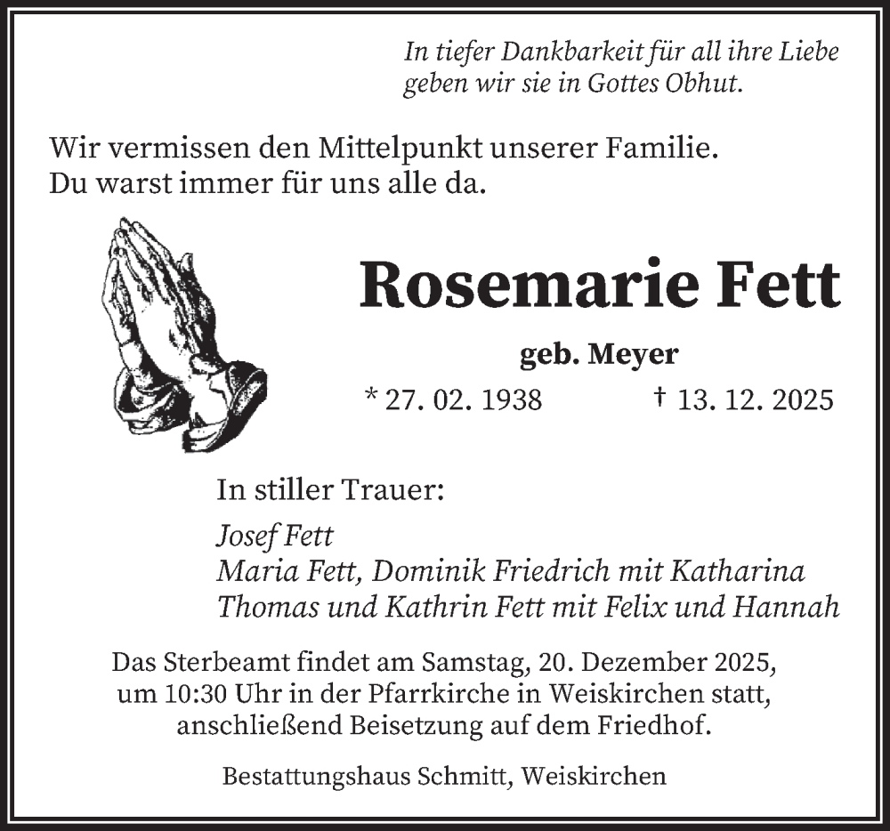  Traueranzeige für Rosemarie Fett vom 17.12.2025 aus saarbruecker_zeitung