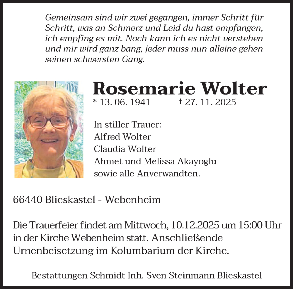  Traueranzeige für Rosemarie Wolter vom 06.12.2025 aus saarbruecker_zeitung