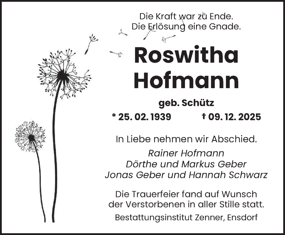  Traueranzeige für Roswitha Hofmann vom 20.12.2025 aus saarbruecker_zeitung