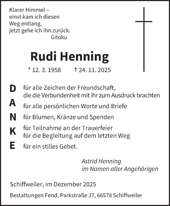 Traueranzeige von Rudi Henning von saarbruecker_zeitung