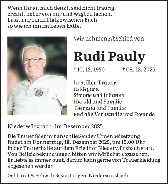 Traueranzeige von Rudi Pauly von saarbruecker_zeitung