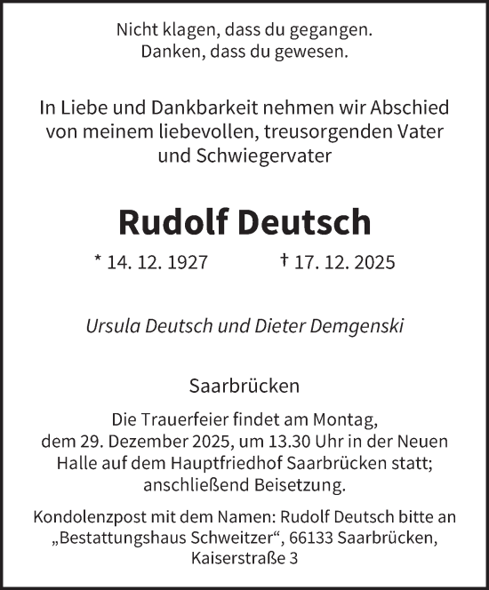 Traueranzeige von Rudolf Deutsch von saarbruecker_zeitung