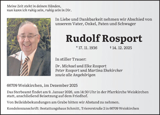 Traueranzeige von Rudolf Rosport von saarbruecker_zeitung