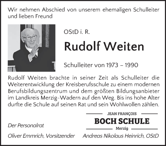 Traueranzeige von Rudolf Weiten von saarbruecker_zeitung