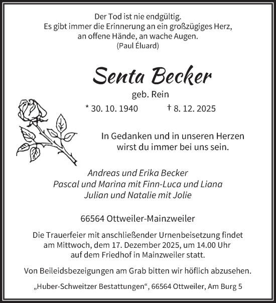 Traueranzeige von Senta Becker von saarbruecker_zeitung