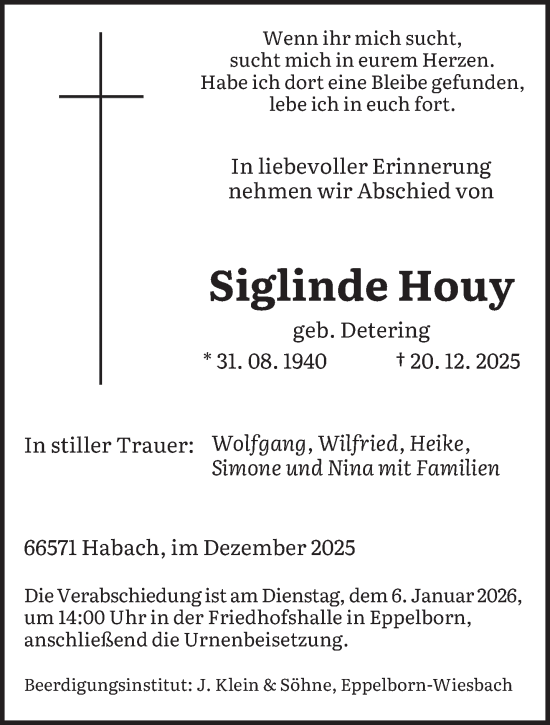 Traueranzeige von Siglinde Houy von saarbruecker_zeitung