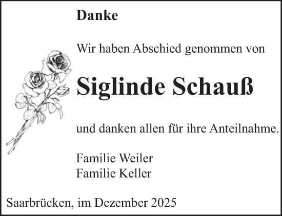 Traueranzeige von Siglinde Schauß von saarbruecker_zeitung