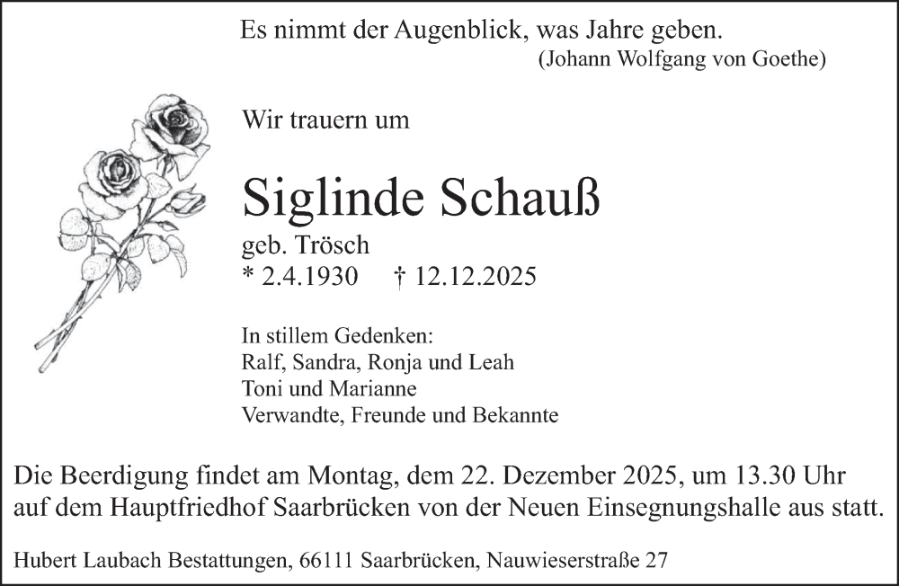  Traueranzeige für Siglinde Schauß vom 17.12.2025 aus saarbruecker_zeitung