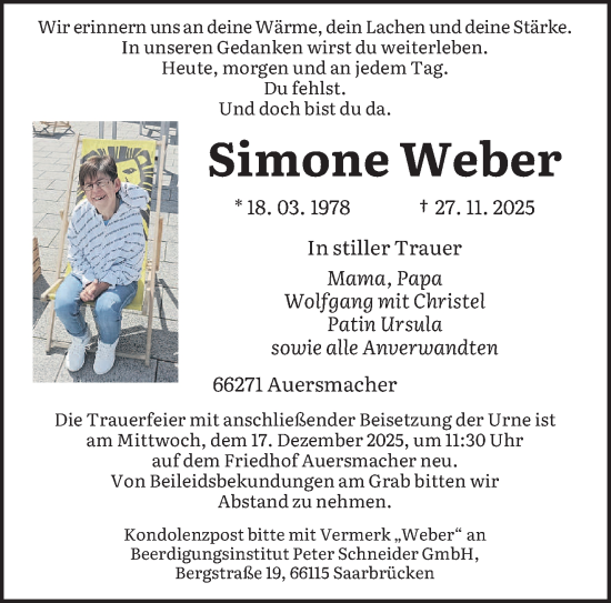 Traueranzeige von Simone Weber von saarbruecker_zeitung