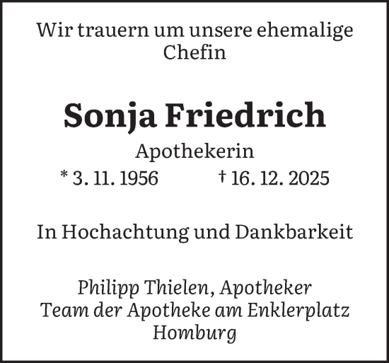 Traueranzeige von Sonja Friedrich von saarbruecker_zeitung