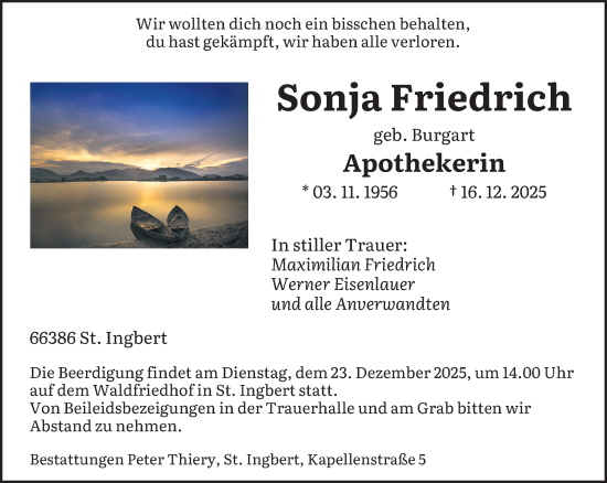 Traueranzeige von Sonja Friedrich von saarbruecker_zeitung