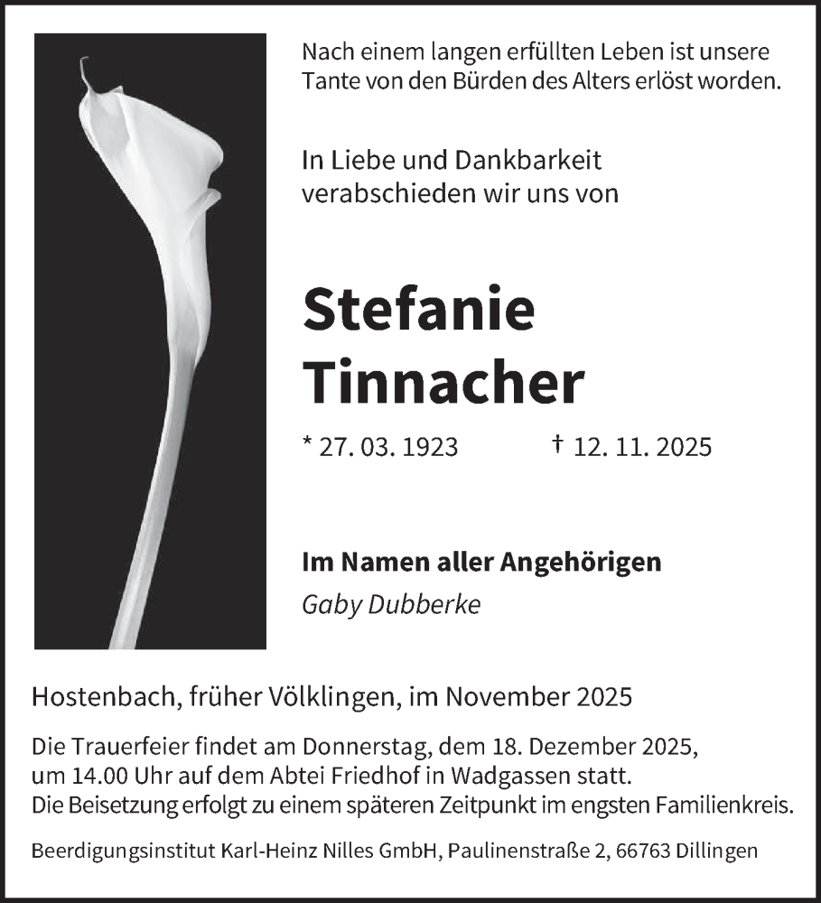  Traueranzeige für Stefanie Tinnacher vom 13.12.2025 aus saarbruecker_zeitung