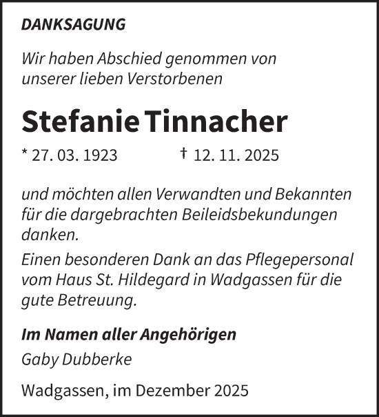 Traueranzeige von Stefanie Tinnacher von saarbruecker_zeitung