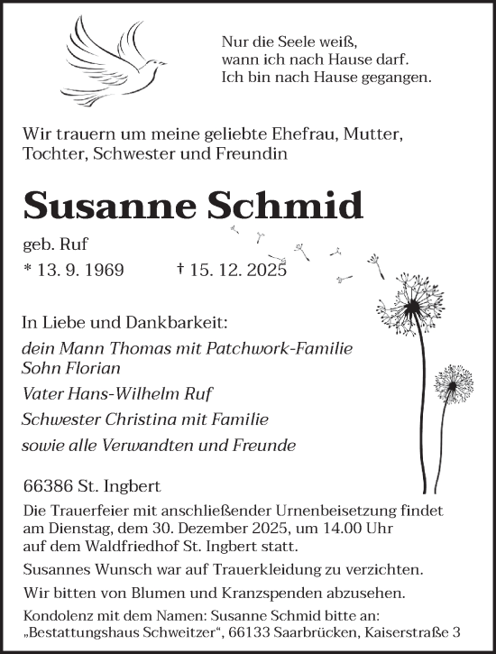 Traueranzeige von Susanne Schmid von saarbruecker_zeitung