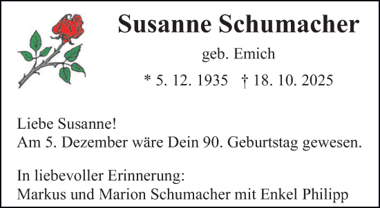 Traueranzeige von Susanne Schumacher von saarbruecker_zeitung
