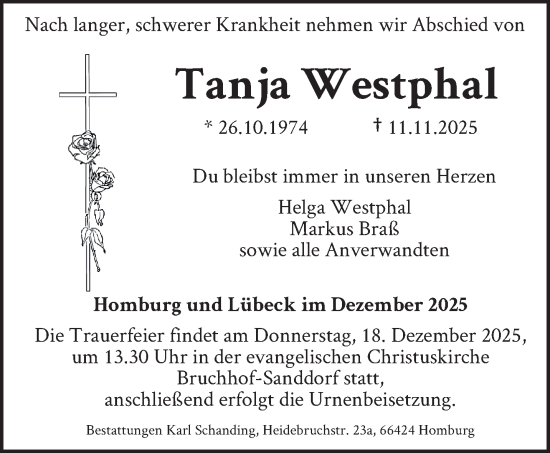 Traueranzeige von Tanja Westphal von saarbruecker_zeitung