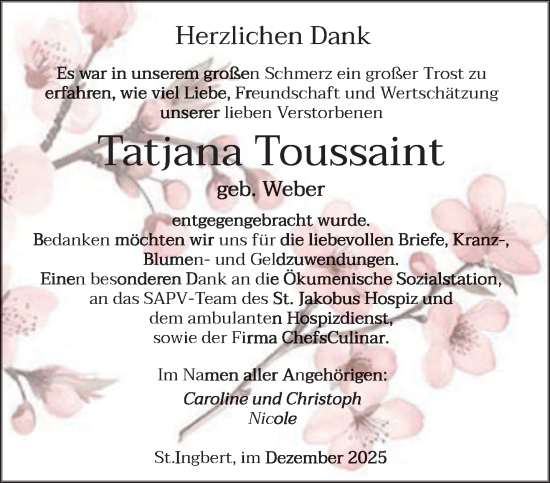 Traueranzeige von Tatjana Toussaint von saarbruecker_zeitung
