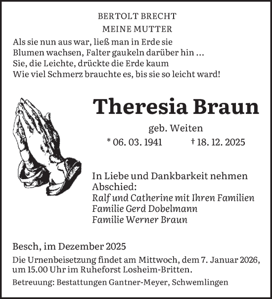 Traueranzeige von Theresia Braun von saarbruecker_zeitung