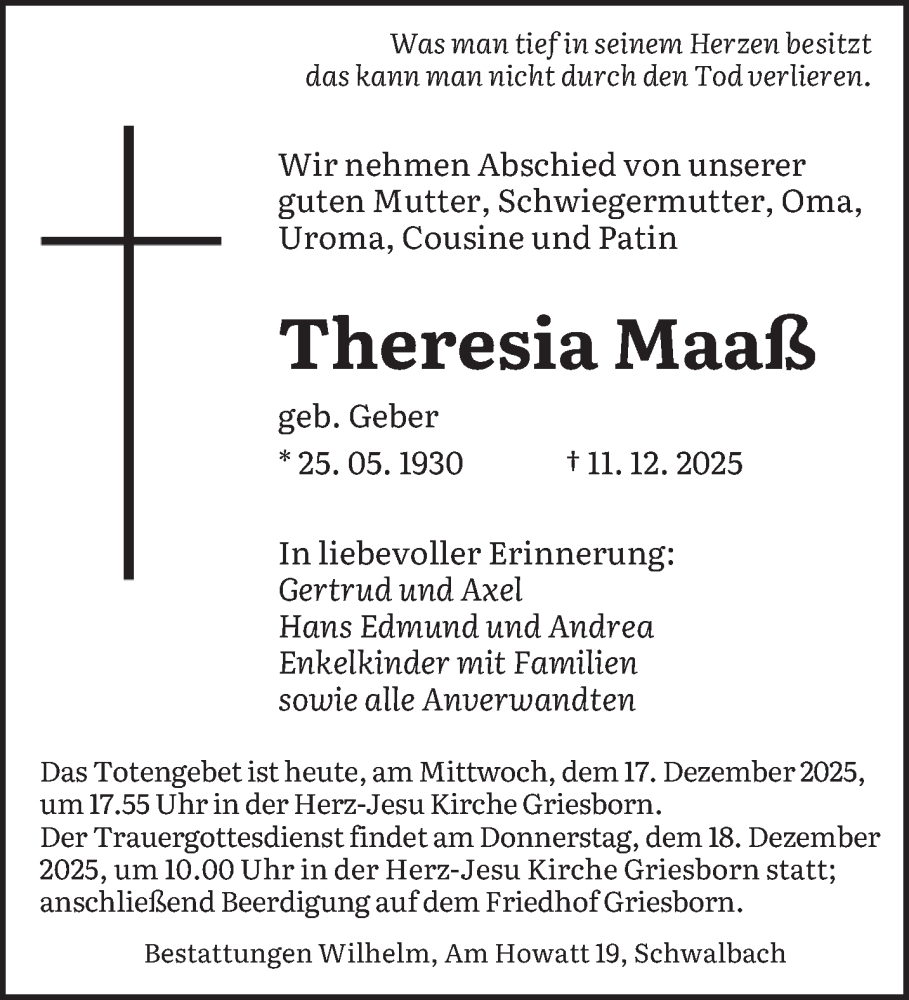  Traueranzeige für Theresia Maaß vom 17.12.2025 aus saarbruecker_zeitung