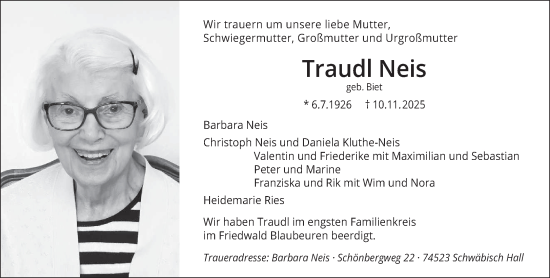 Traueranzeige von Traudl Neis von saarbruecker_zeitung