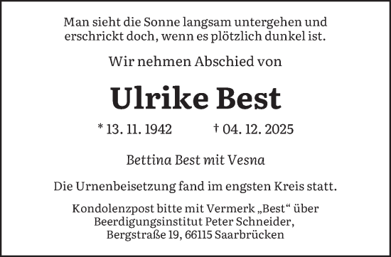 Traueranzeige von Ulrike Best von saarbruecker_zeitung