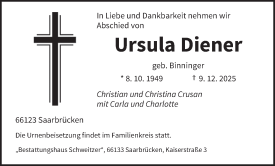 Traueranzeige von Ursula Diener von saarbruecker_zeitung