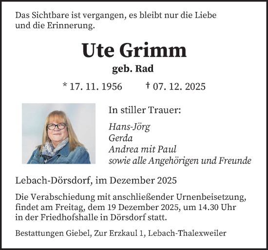 Traueranzeige von Ute Grimm von saarbruecker_zeitung