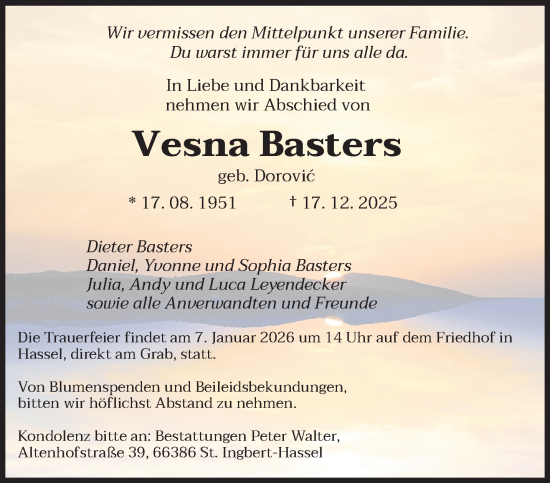 Traueranzeige von Vesna Basters von saarbruecker_zeitung