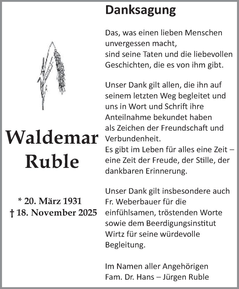  Traueranzeige für Waldemar Ruble vom 06.12.2025 aus saarbruecker_zeitung