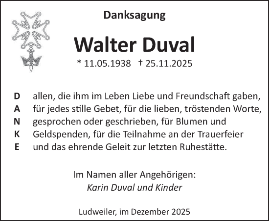 Traueranzeige von Walter Duval von saarbruecker_zeitung