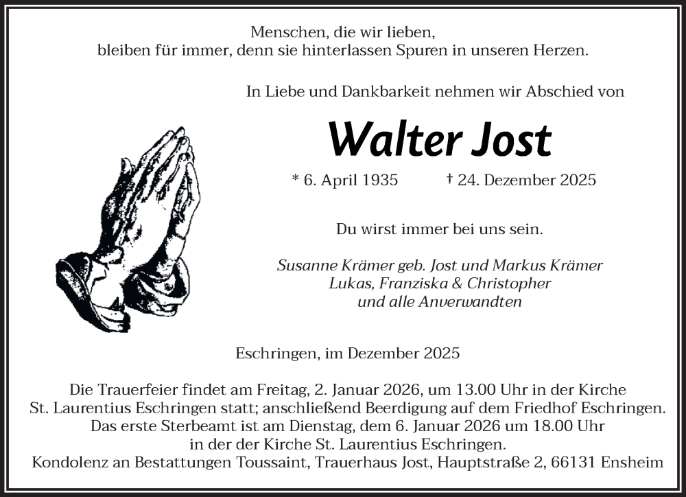  Traueranzeige für Walter Jost vom 30.12.2025 aus saarbruecker_zeitung