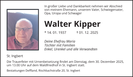 Traueranzeige von Walter Kipper von saarbruecker_zeitung