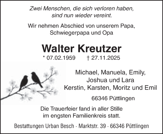 Traueranzeige von Walter Kreutzer von saarbruecker_zeitung