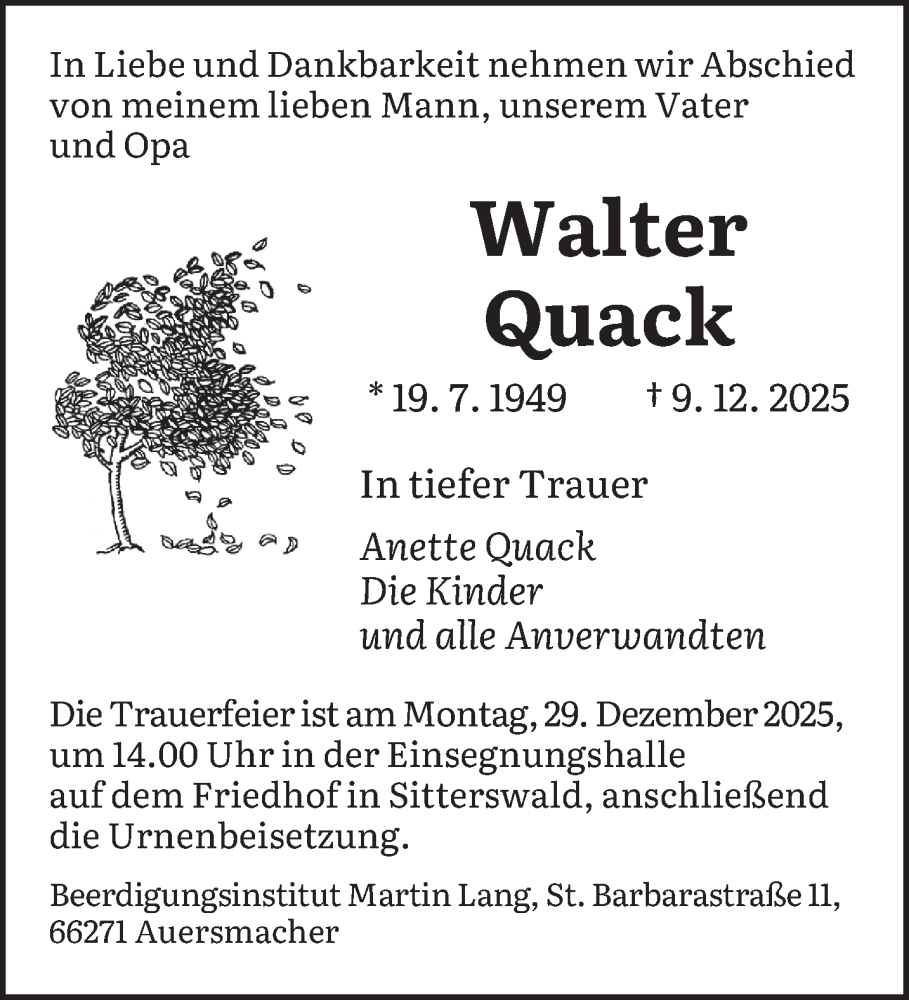  Traueranzeige für Walter Quack vom 20.12.2025 aus saarbruecker_zeitung