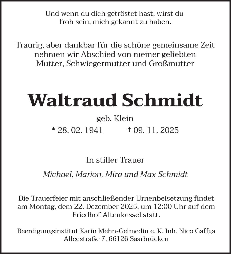  Traueranzeige für Waltraud Schmidt vom 13.12.2025 aus saarbruecker_zeitung