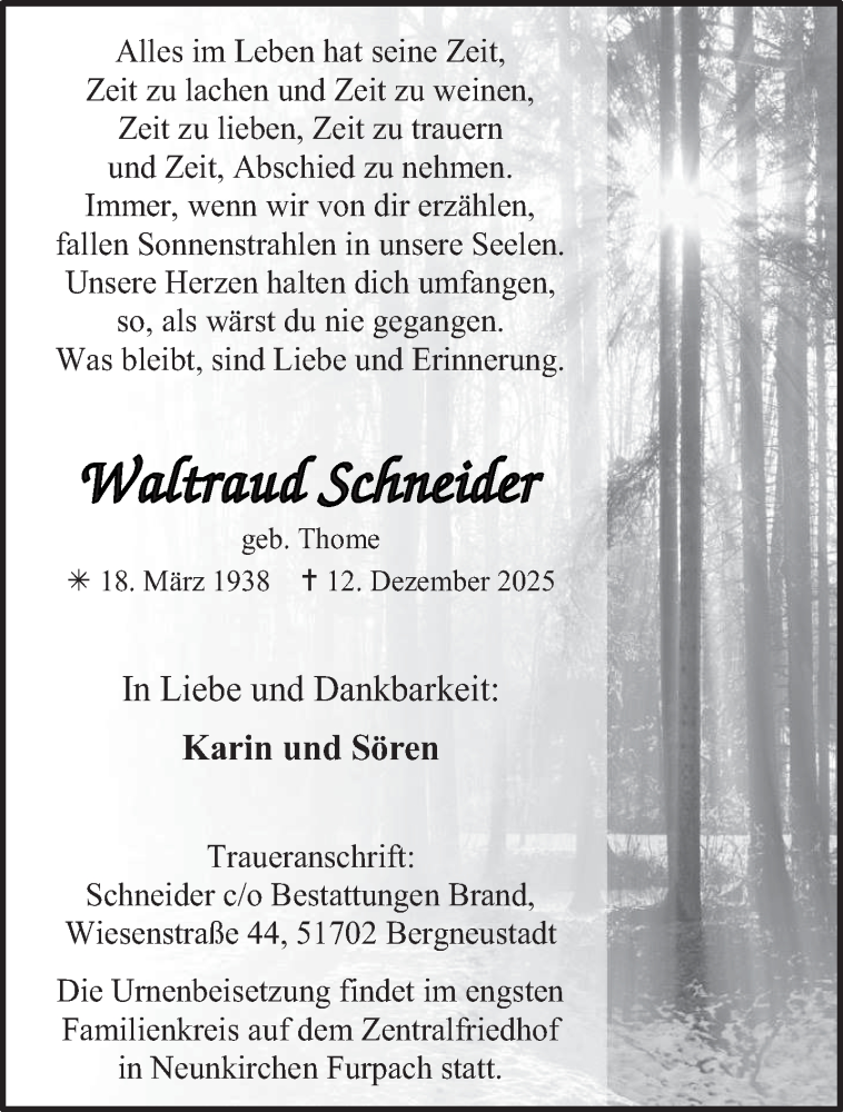  Traueranzeige für Waltraud Schneider vom 20.12.2025 aus saarbruecker_zeitung