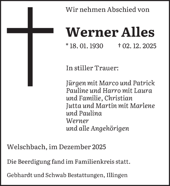 Traueranzeige von Werner Alles von saarbruecker_zeitung