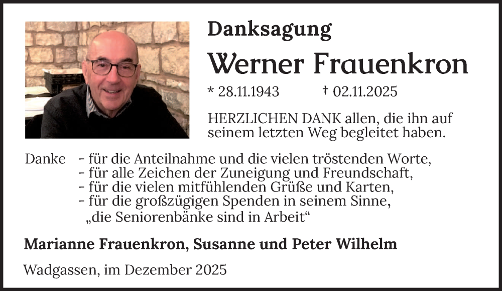  Traueranzeige für Werner Frauenkron vom 20.12.2025 aus saarbruecker_zeitung