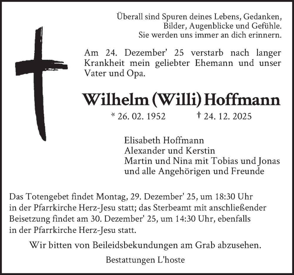  Traueranzeige für Wilhelm Hoffmann vom 27.12.2025 aus saarbruecker_zeitung