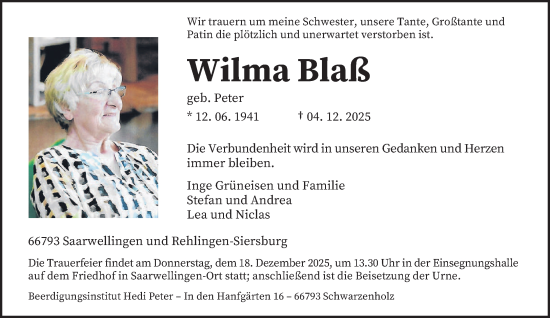 Traueranzeige von Wilma Blaß von saarbruecker_zeitung