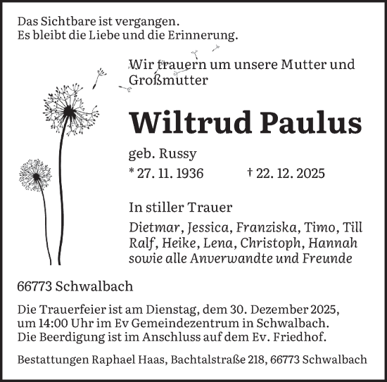 Traueranzeige von Wiltrud Paulus von saarbruecker_zeitung