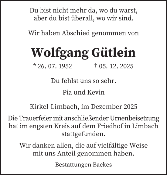 Traueranzeige von Wolfgang Gütlein von saarbruecker_zeitung