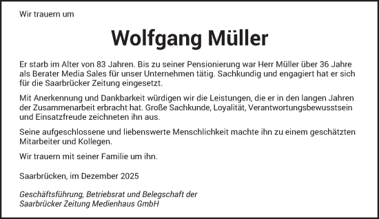 Traueranzeige von Wolfgang Müller von saarbruecker_zeitung
