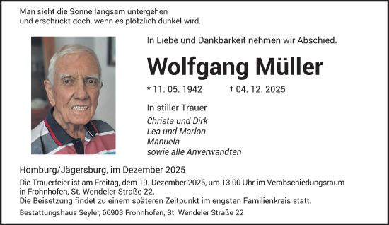 Traueranzeige von Wolfgang Müller von saarbruecker_zeitung