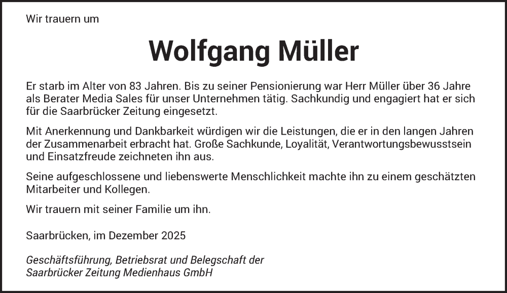 Traueranzeige für Wolfgang Müller vom 13.12.2025 aus saarbruecker_zeitung