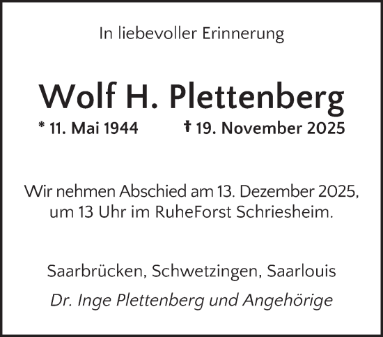 Traueranzeige von Wolf H. Plettenberg von saarbruecker_zeitung